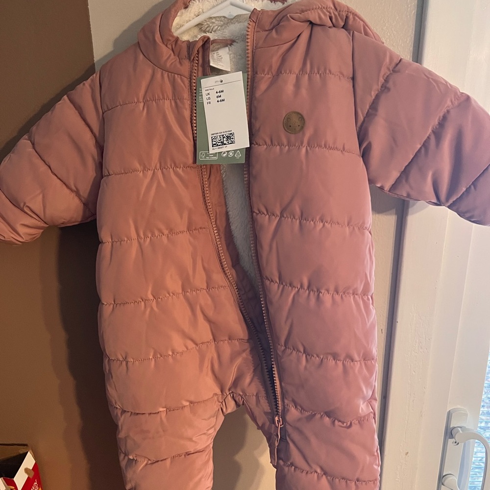 H&M padded baby bunting pink snowsuit w/hat 6M NWT